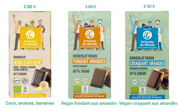 Nouveaux chocolats: Coco ananas banane, vegan fondant amandes et vegan croquant amandes